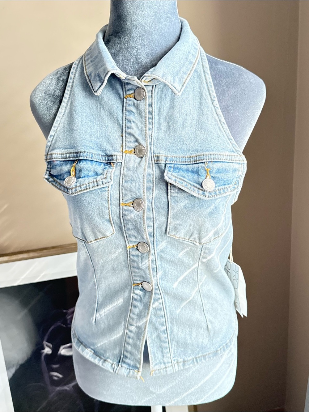 Light Blue Denim Halter Tank Top with Front Buttons. Measurements on the picture